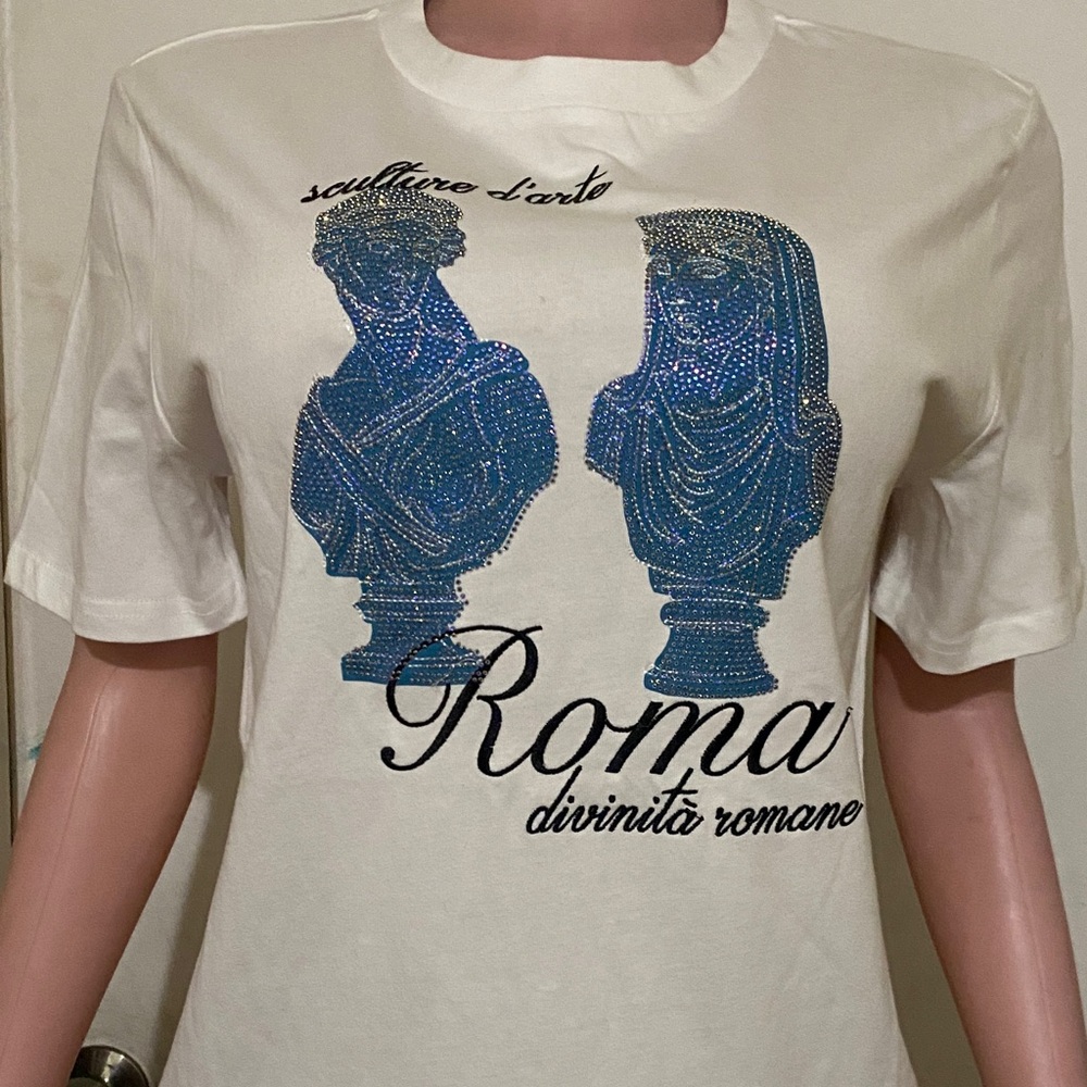 Elegant White Tee with Blue Roman Design